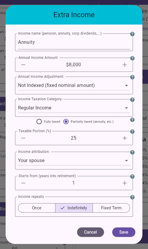 Additional Income annuity example with partially taxed option