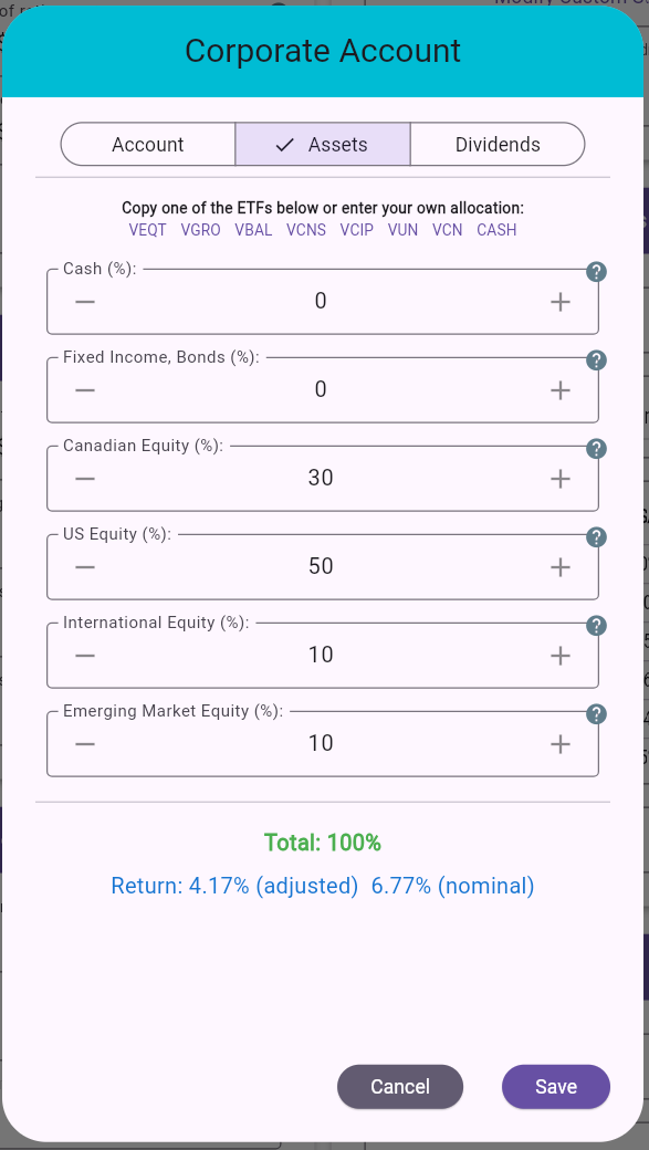 Corporate Account Dialog - Assets Tab