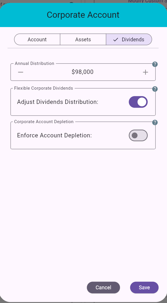 Corporate Account Dialog - Dividends Tab