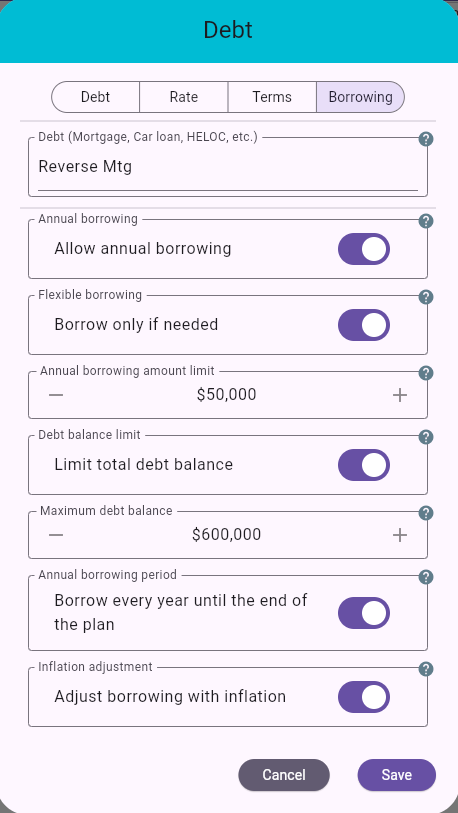 Debt Dialog - Borrowing Tab