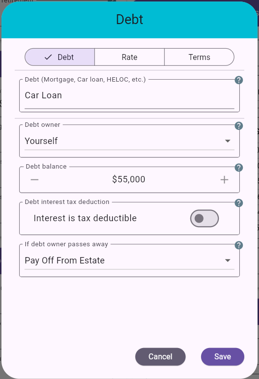 Debt Dialog - Debt Tab