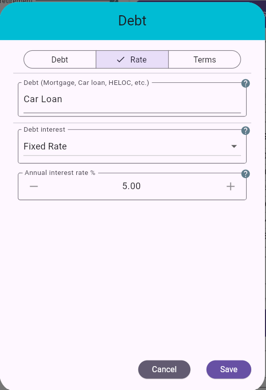 Debt Dialog - Rate Tab