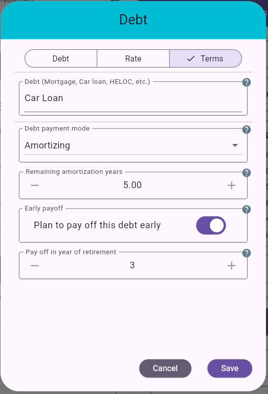 Debt Dialog - Terms Tab