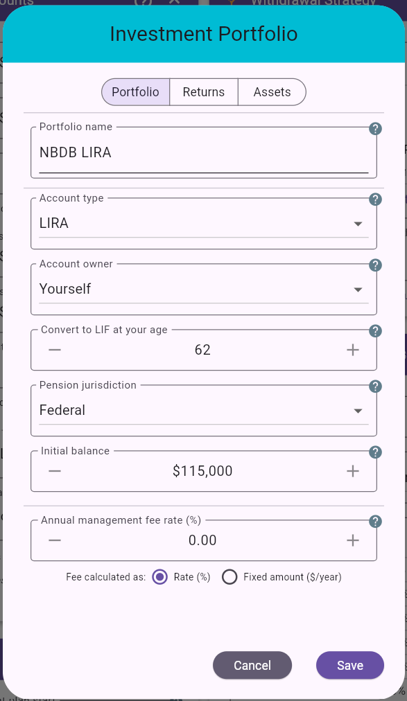 Investment Portfolio dialog - LIRA settings