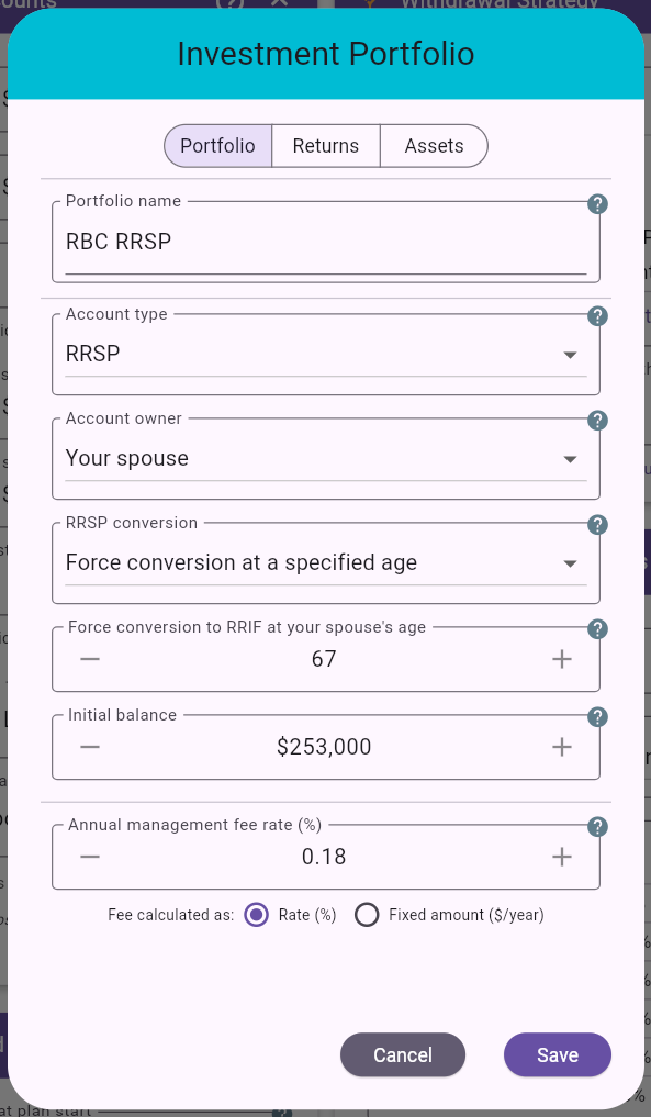 Investment Portfolio dialog - RRSP settings