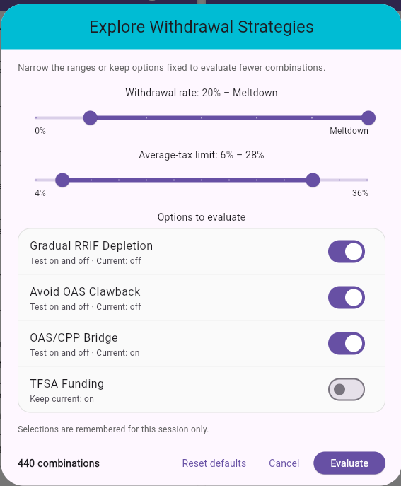 Explore Withdrawal Strategies setup with rate ranges and options to evaluate