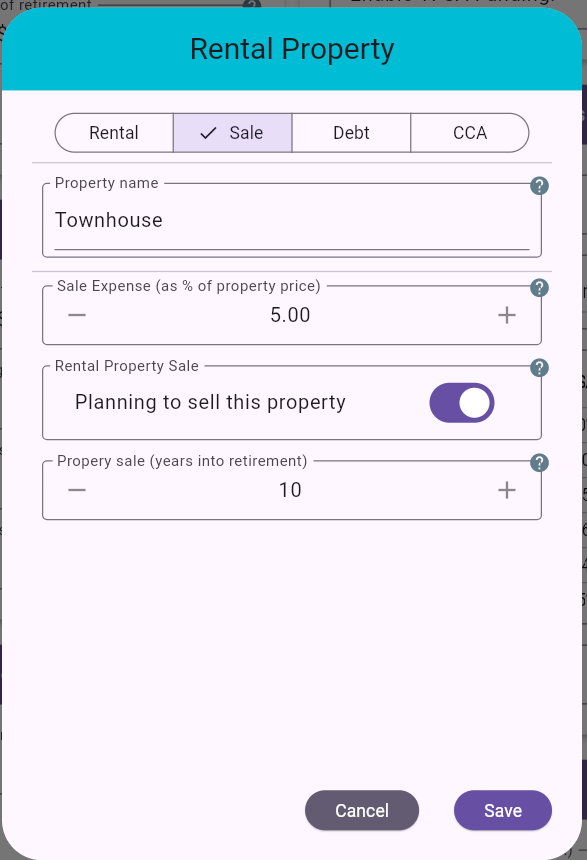 Rental Property Dialog - Sale Tab