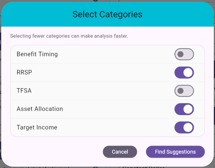 Select Categories dialog for Suggested Adjustments